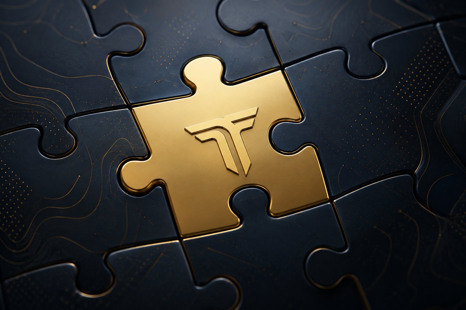 A gold puzzle piece bearing the Tantoryn AI mark fitting into place among dark navy pieces, symbolizing the completed technical-analysis research cycle.