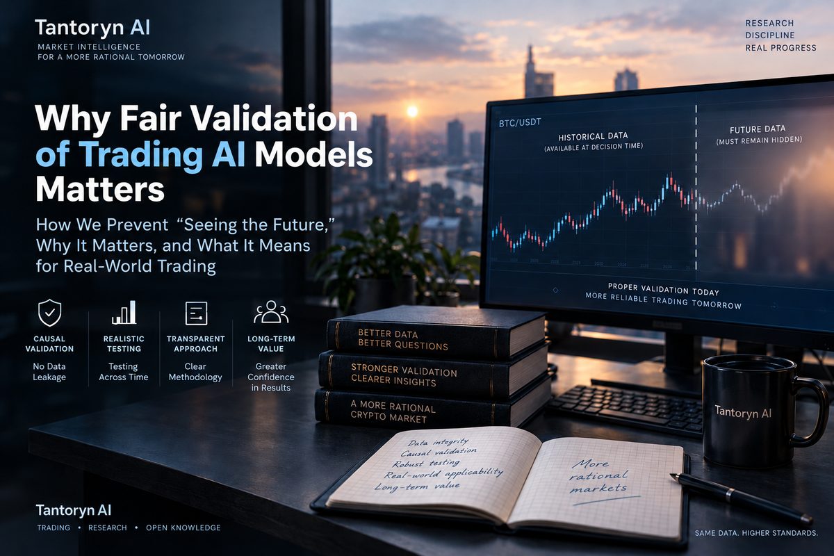 A Tantoryn AI cover illustration: a desk by a window overlooking a city at sunset, with a monitor showing a BTC/USDT candlestick chart split into historical data available at decision time and future data that must remain hidden. On the left, the headline Why Fair Validation of Trading AI Models Matters and four icons: causal validation, realistic testing, a transparent approach and long-term value.
