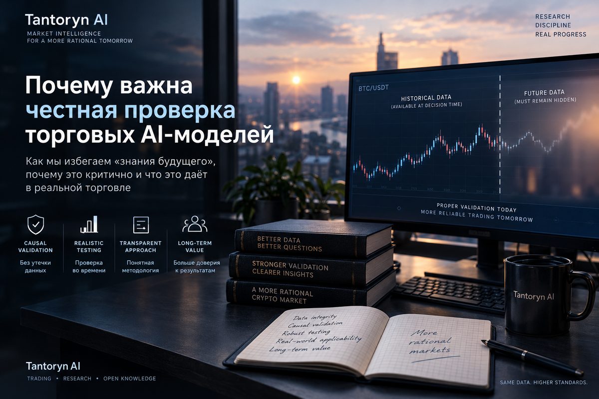 Обложка Tantoryn AI: рабочий стол у окна с видом на вечерний город, на мониторе свечной график BTC/USDT, разделённый на исторические данные, доступные в момент решения, и будущие данные, которые должны оставаться скрытыми. Слева заголовок «Почему важна честная проверка торговых AI-моделей» и четыре значка: проверка без утечки данных, проверка во времени, понятная методология и доверие к результатам.
