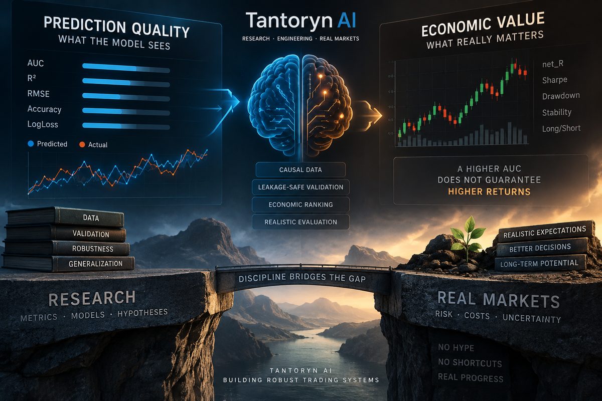 A dark cinematic illustration of two cliffs. On the left, labelled Research, a Prediction Quality panel lists ML metrics such as AUC, RMSE and LogLoss; on the right, labelled Real Markets, an Economic Value panel shows a candlestick chart and the caption that a higher AUC does not guarantee higher returns. Between them a glowing brain sits above a bridge reading Discipline bridges the gap.